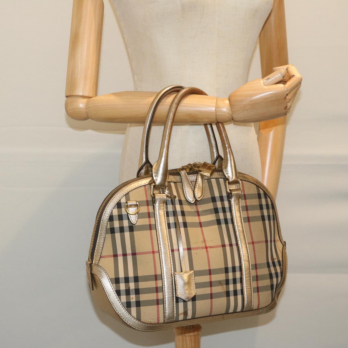 BURBERRY Nova Check Hand Bag Nylon Canvas Beige Auth 61344