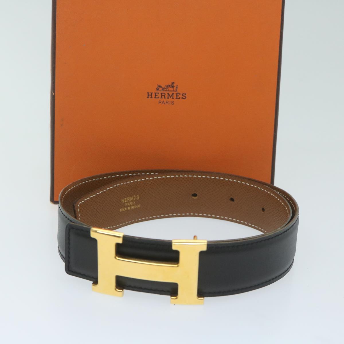 HERMES Constance Belt Leather 22.8""-24.8"" Black Brown Auth 61470