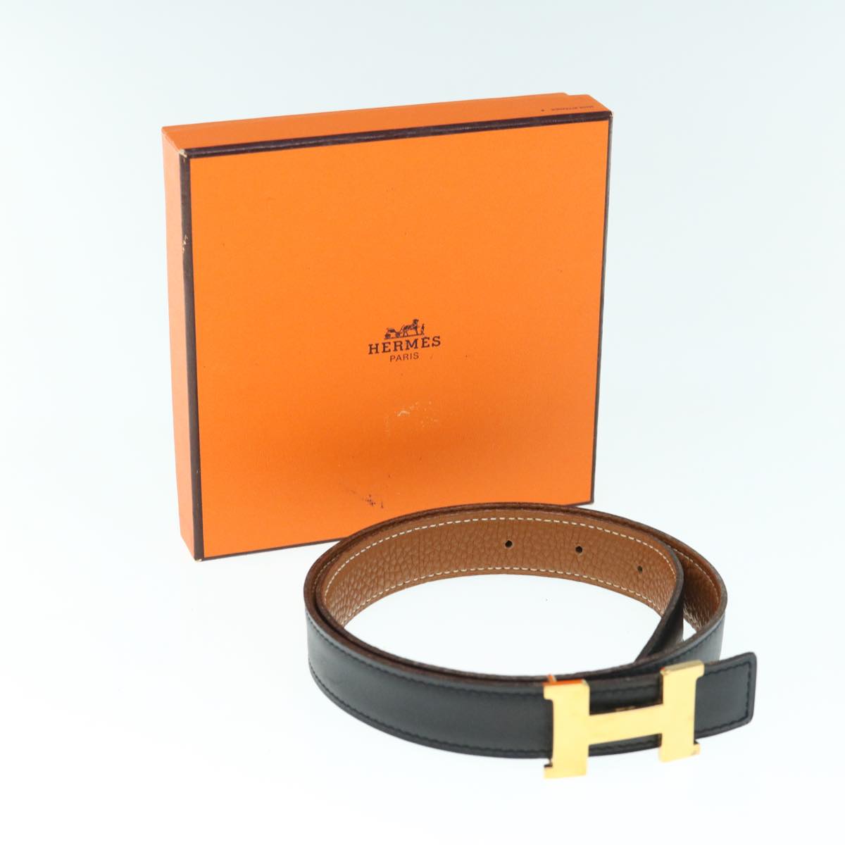 HERMES Constance Belt Leather 24.4""-26.4"" Black Brown Auth 61471