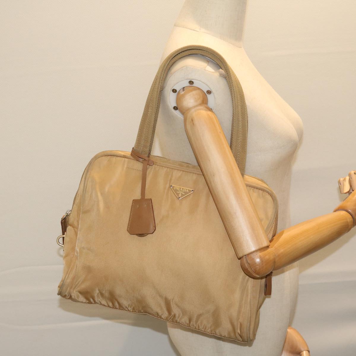 PRADA Hand Bag Nylon Beige Auth 61628