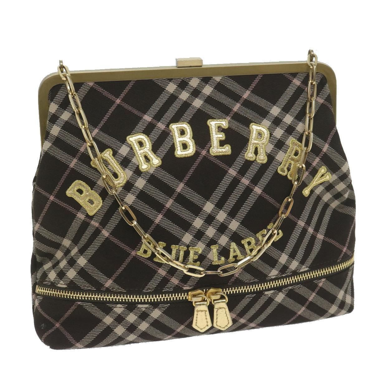 BURBERRY Nova Check Blue Label Chain Hand Bag Canvas Brown Auth 61800