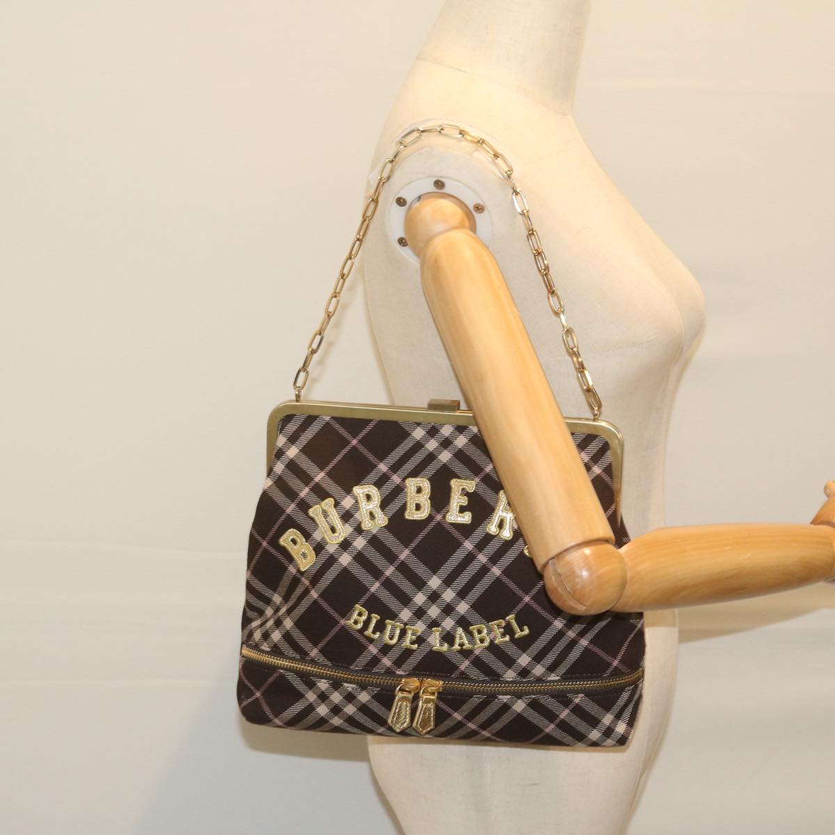 BURBERRY Nova Check Blue Label Chain Hand Bag Canvas Brown Auth 61800