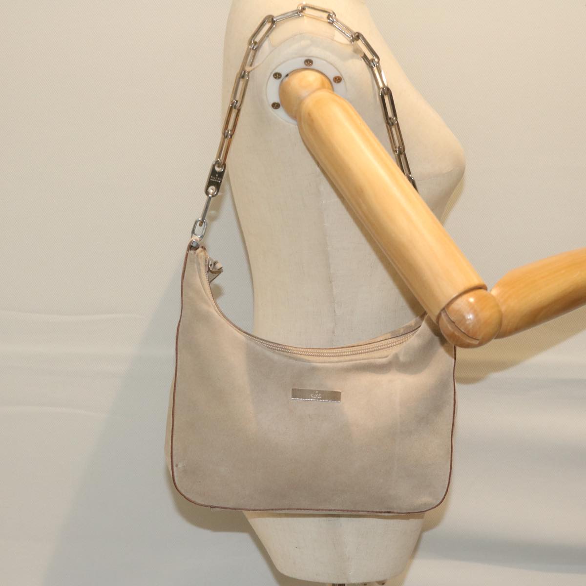 GUCCI Chain Shoulder Bag Suede Beige 001 3873 3754 Auth 62200