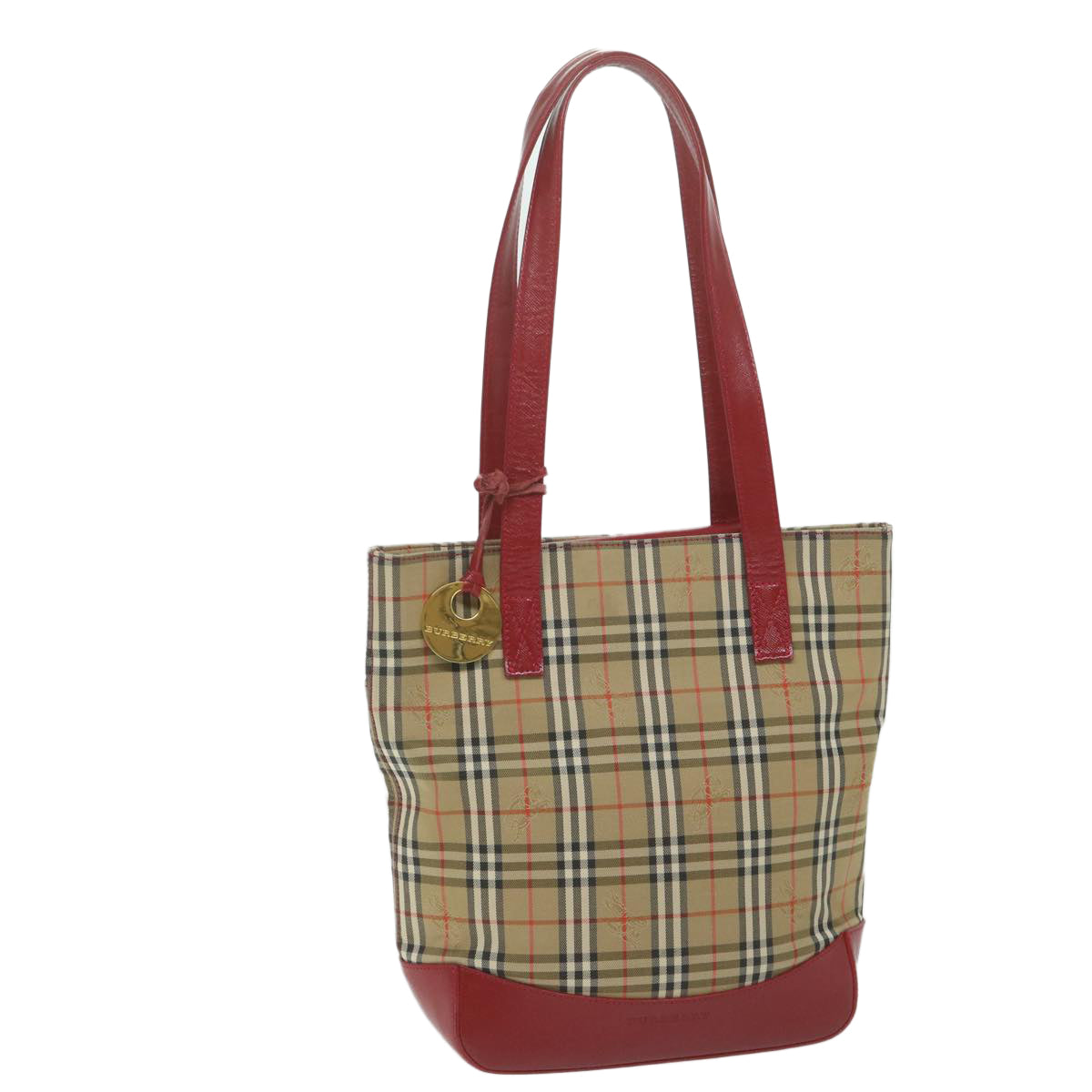 BURBERRY Nova Check Tote Bag Nylon Leather Beige Red Auth 62340