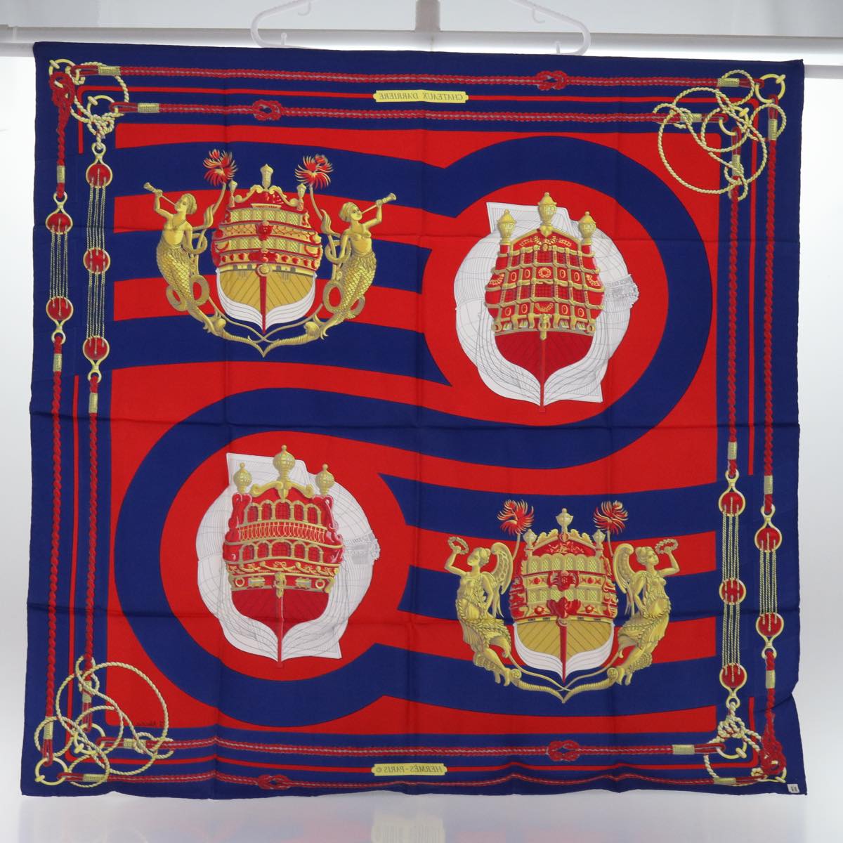 HERMES Carre 90 CHATEAUX DARRIERE Scarf Silk Red Blue Auth 62428