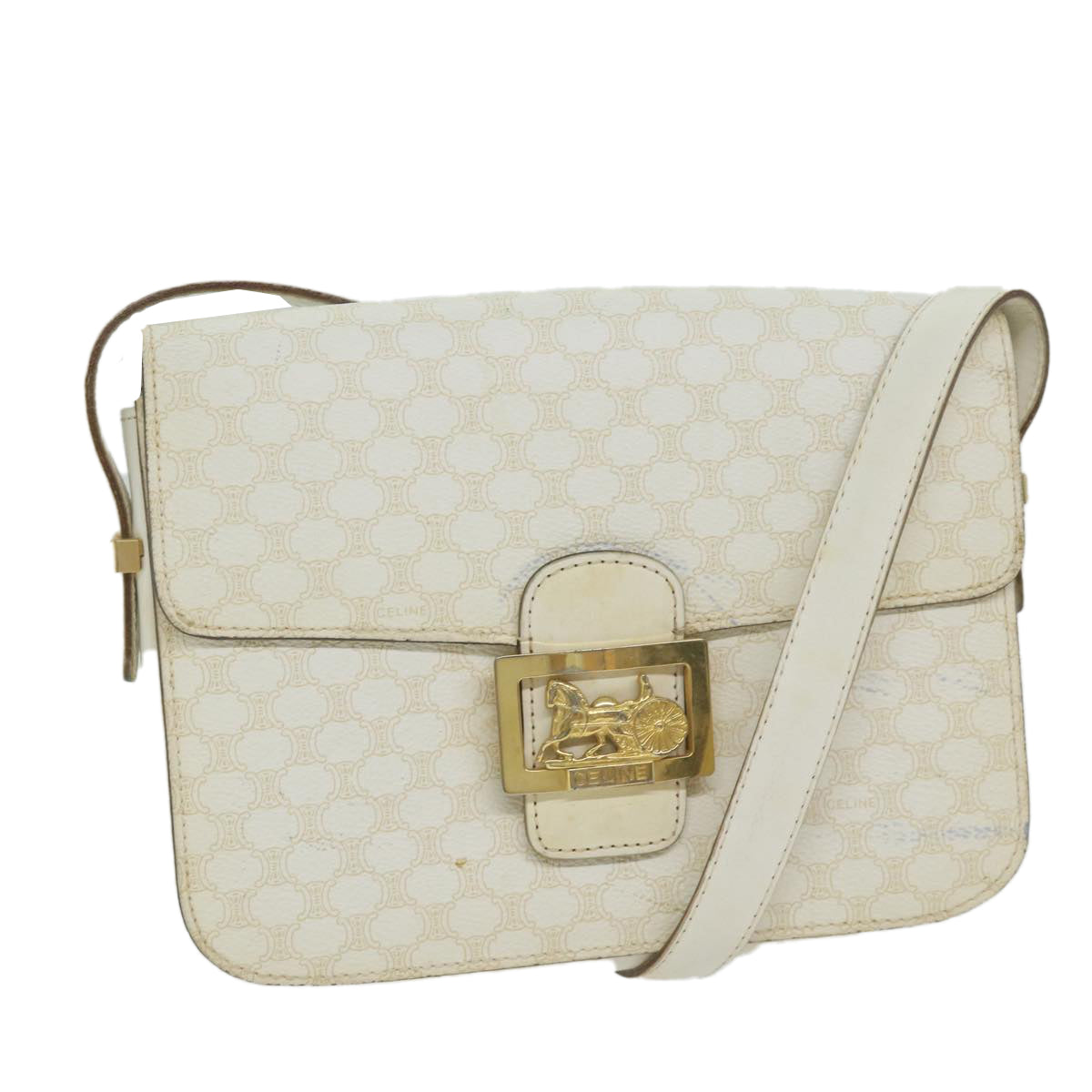 CELINE Macadam Canvas Shoulder Bag PVC Leather White Auth 62462