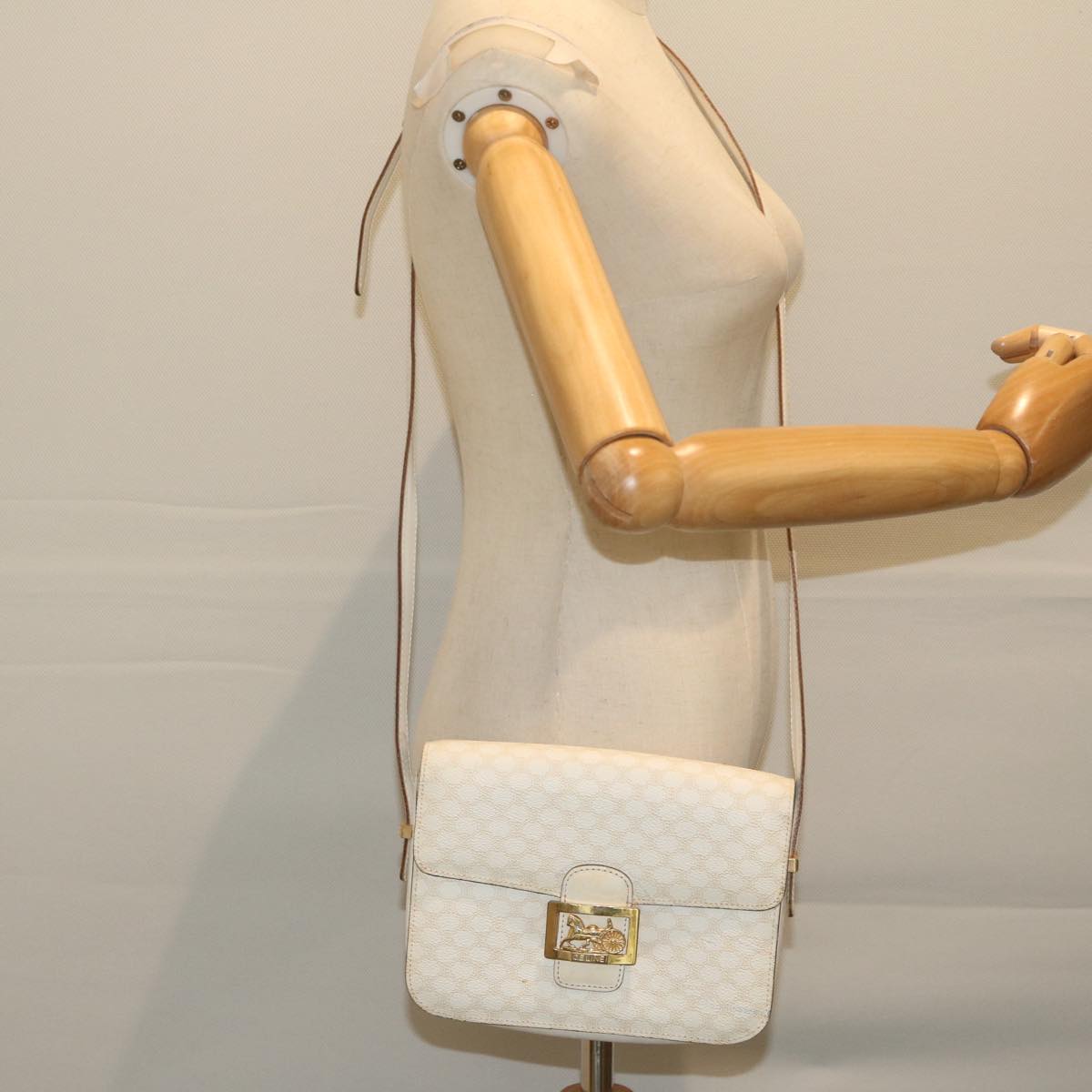 CELINE Macadam Canvas Shoulder Bag PVC Leather White Auth 62462