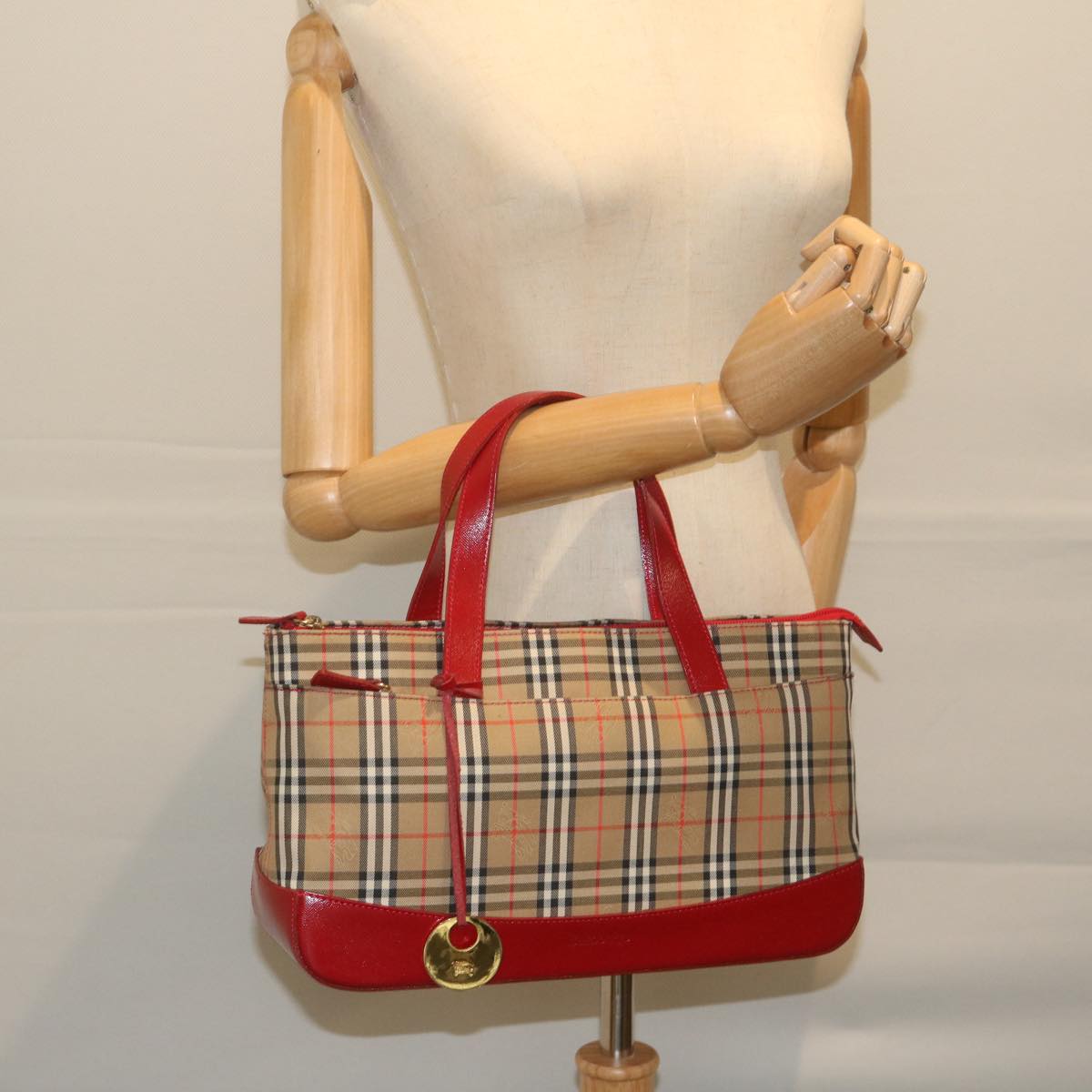 BURBERRY Nova Check Hand Bag Canvas Beige Red Auth 62506