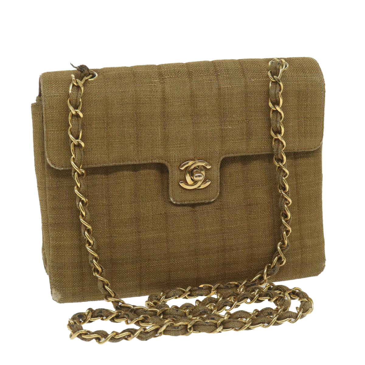 CHANEL Chain Shoulder Bag Canvas Brown CC Auth 62565A