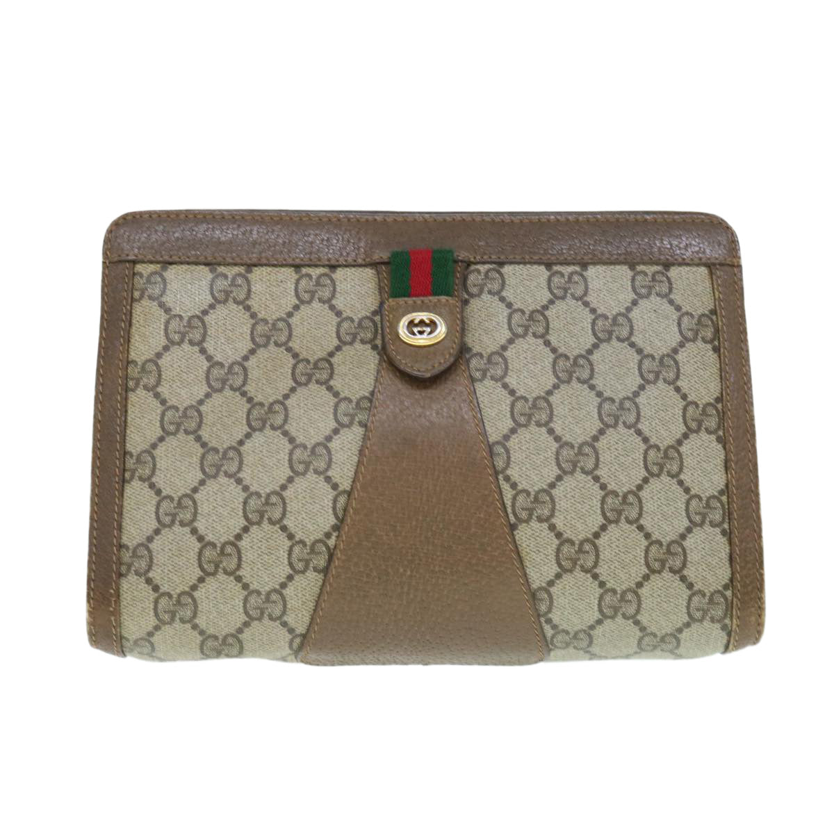 GUCCI GG Supreme Web Sherry Line Clutch Bag Beige Red Green 89 01 032 Auth 62654