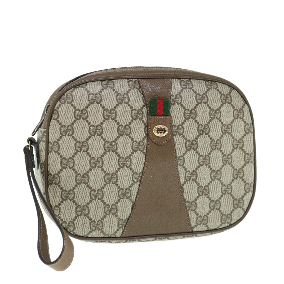 GUCCI GG Supreme Web Sherry Line Clutch Bag Beige Red Green 89 01 034 Auth 62669