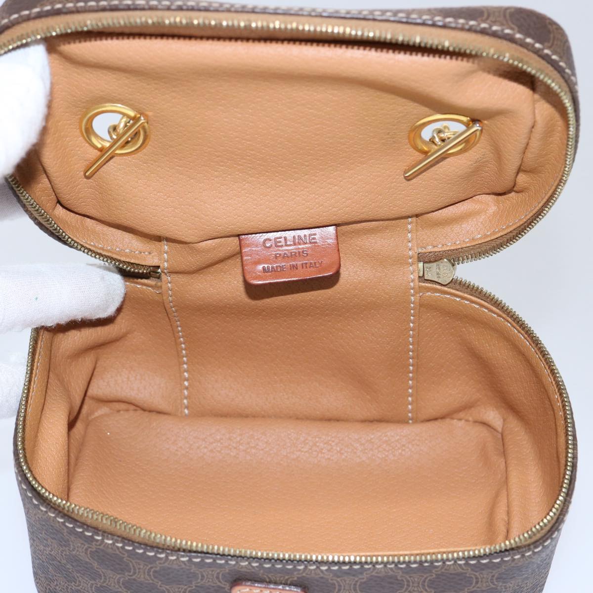 CELINE Macadam Canvas Vanity Cosmetic Pouch PVC Leather Brown Auth 62674