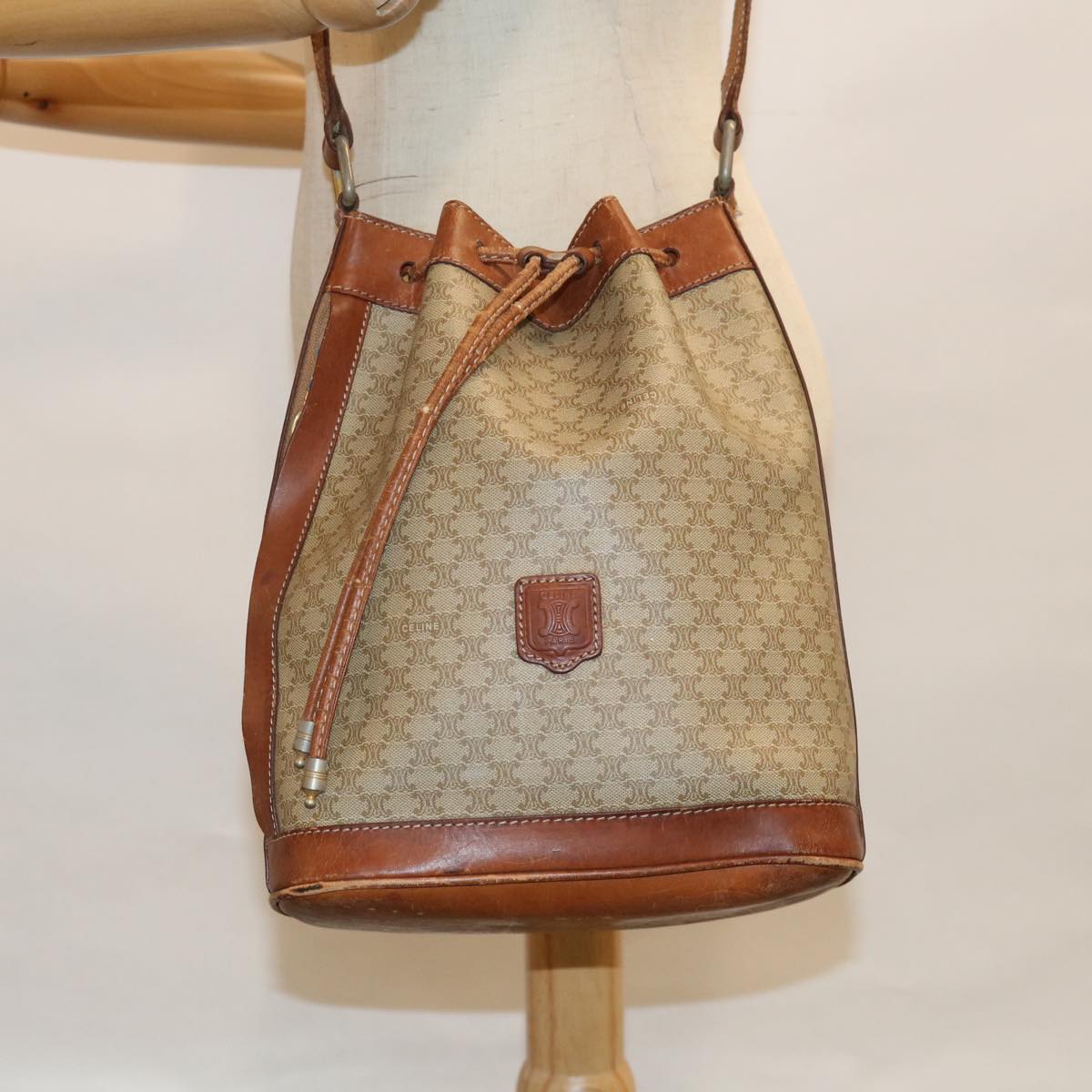 CELINE Macadam Canvas Shoulder Bag Beige Auth 62765