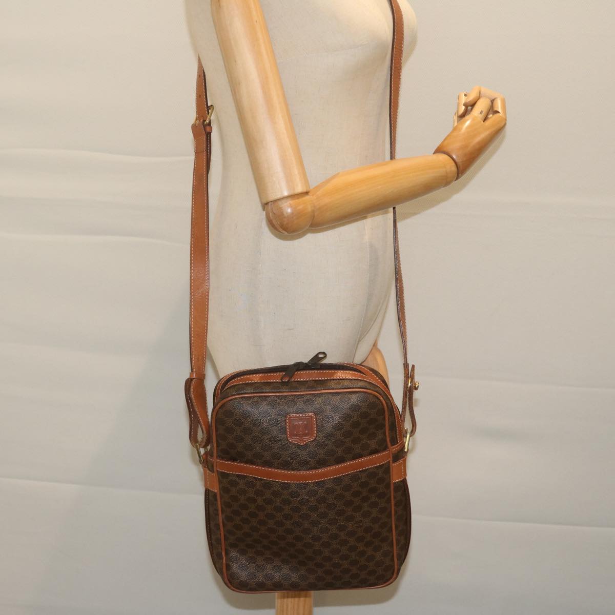 CELINE Macadam Canvas Shoulder Bag PVC Leather Brown Auth 62822