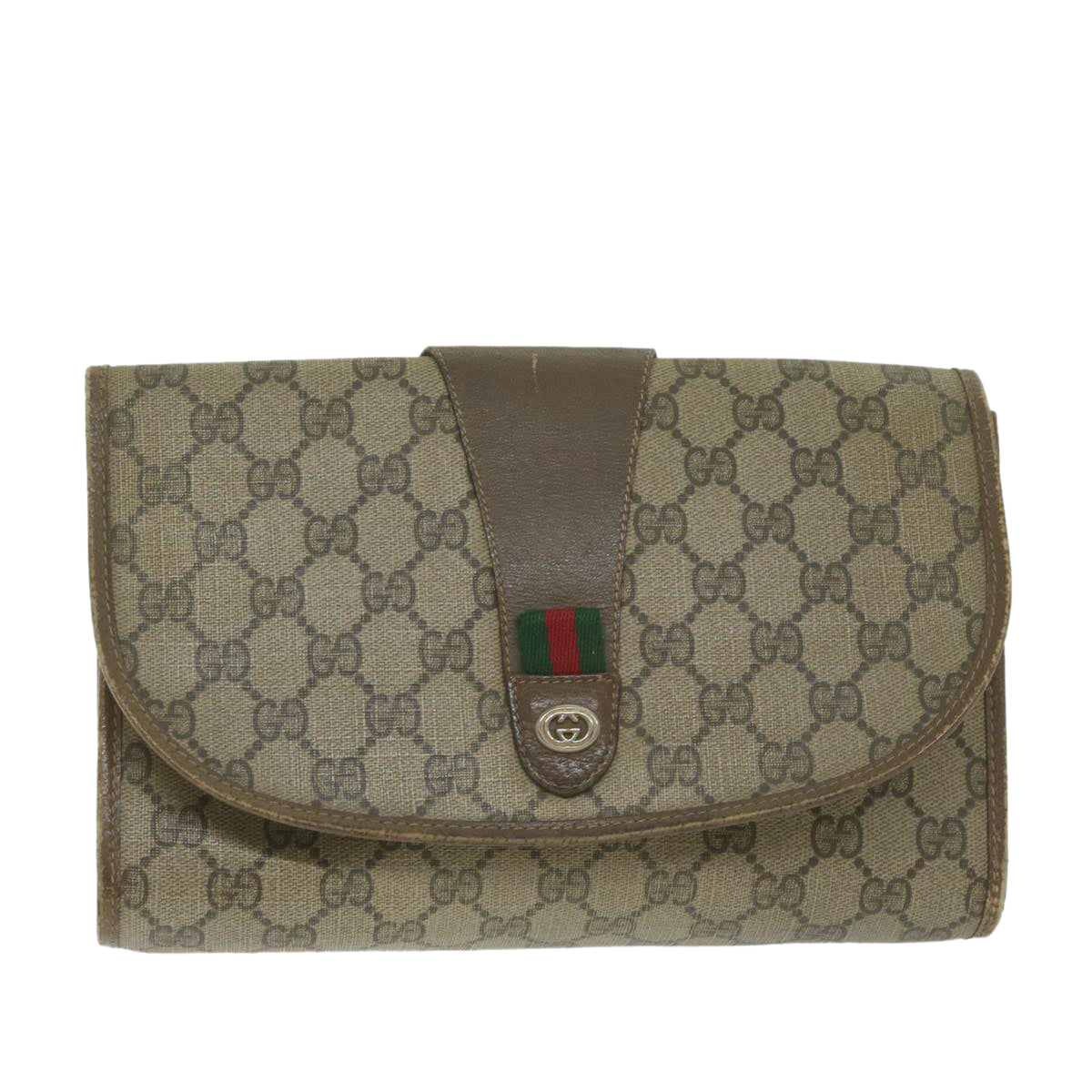 GUCCI Web Sherry Line GG Supreme Clutch Bag Beige Red Green 89 01 030 Auth 63482