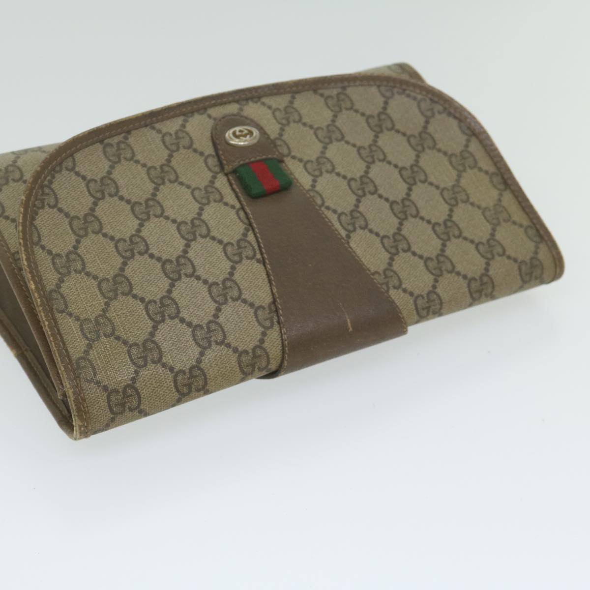 GUCCI Web Sherry Line GG Supreme Clutch Bag Beige Red Green 89 01 030 Auth 63482