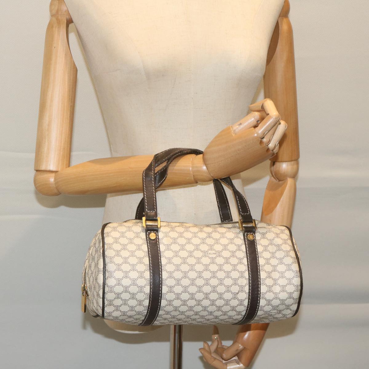 CELINE Macadam Canvas Hand Bag PVC Leather White Auth 63493