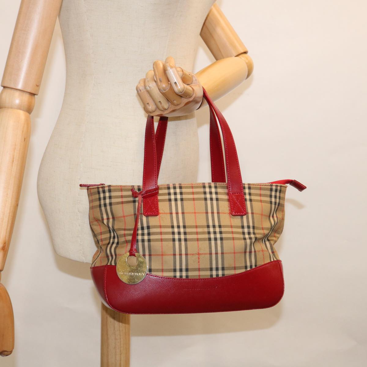 BURBERRY Nova Check Hand Bag Nylon Leather Beige Red Auth 63499