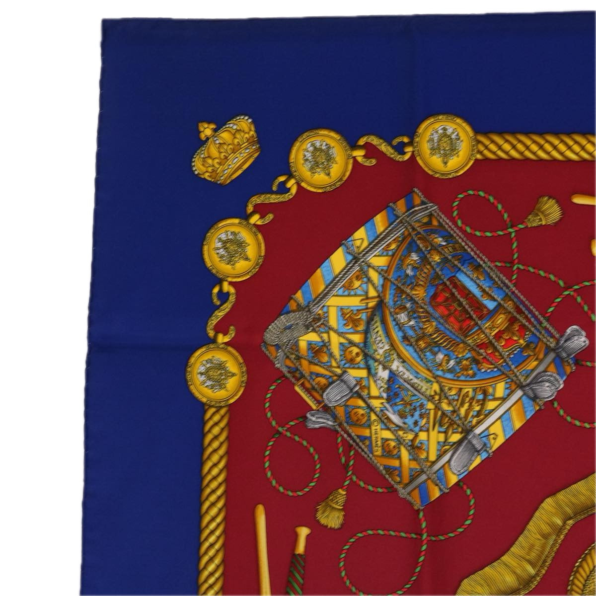 HERMES Carre 90 LES TAMBOURS Scarf Silk Red Blue Auth 63544