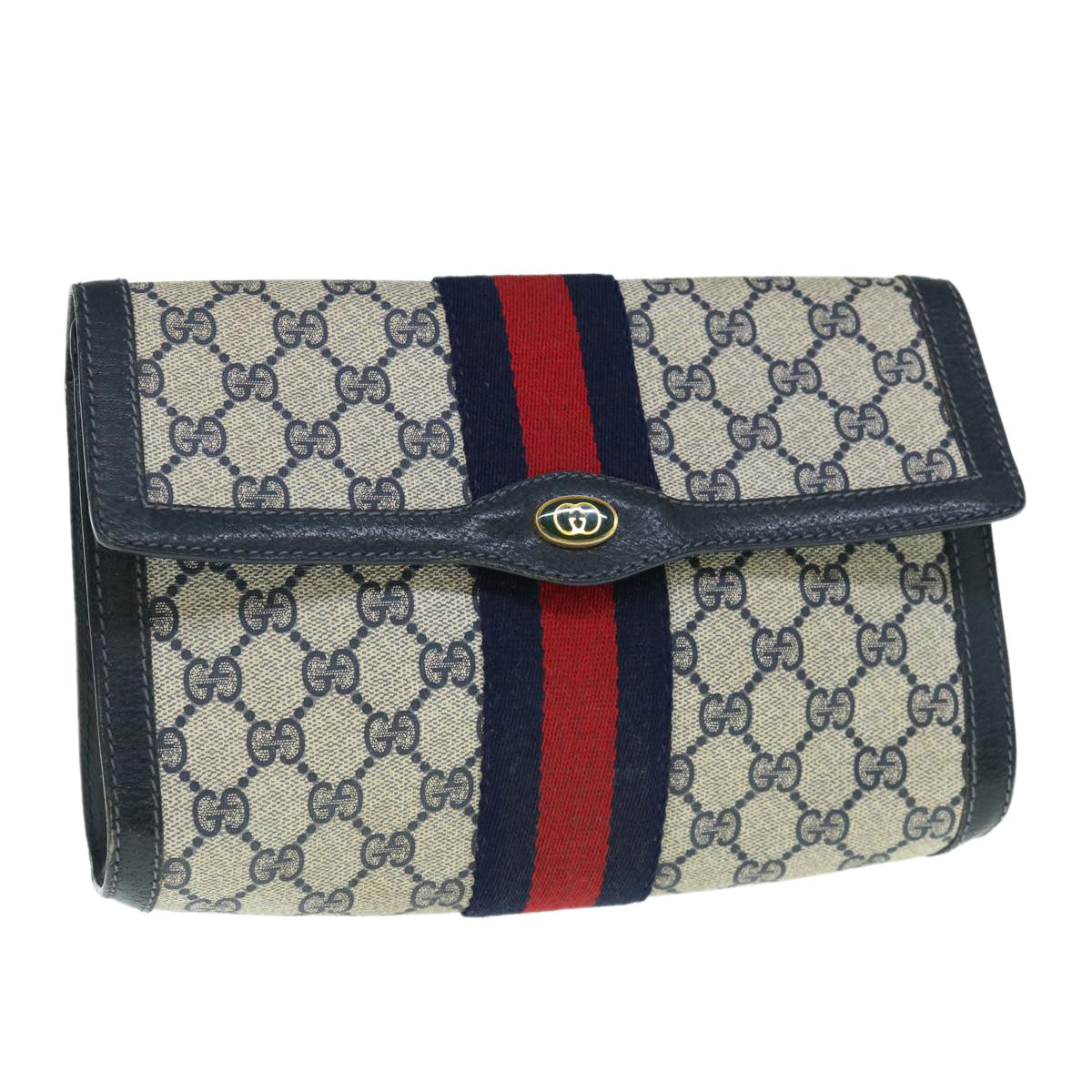 GUCCI GG Supreme Sherry Line Clutch Bag Navy Red 89 01 006 Auth 63552