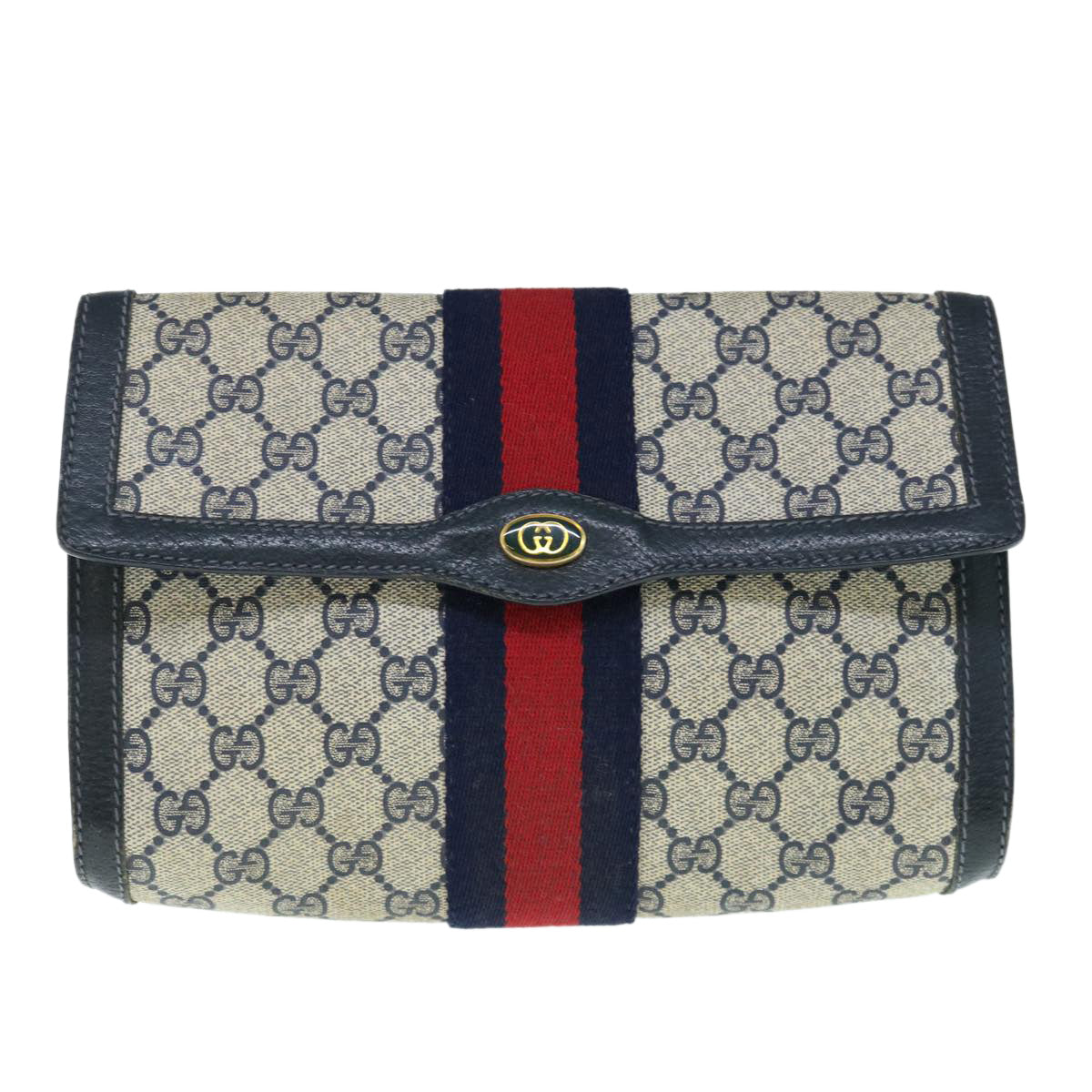 GUCCI GG Supreme Sherry Line Clutch Bag Navy Red 89 01 006 Auth 63552