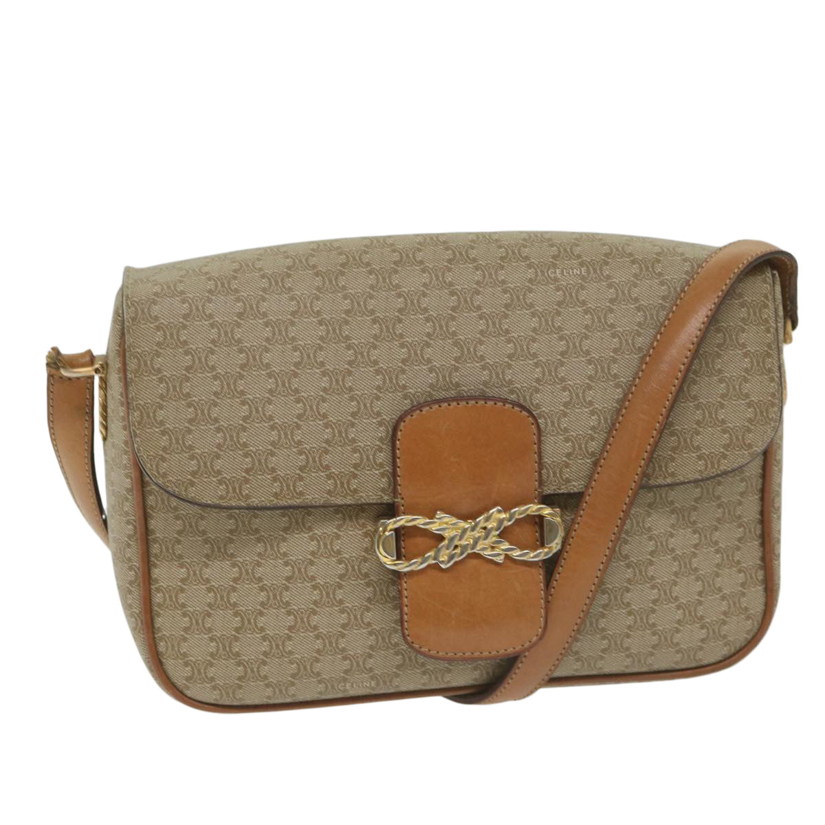 CELINE Macadam Canvas Shoulder Bag Beige Auth 63574