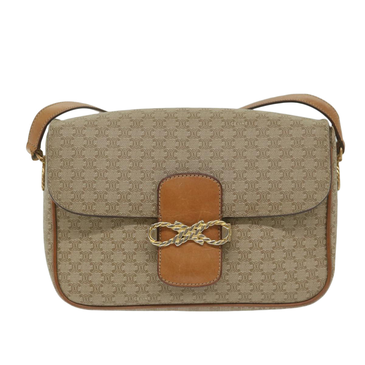 CELINE Macadam Canvas Shoulder Bag Beige Auth 63574