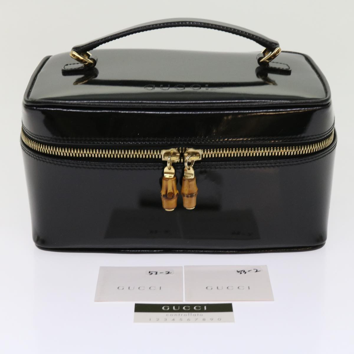 GUCCI Vanity Bamboo Cosmetic Pouch Patent leather Black 032 1705 0150 Auth 63625