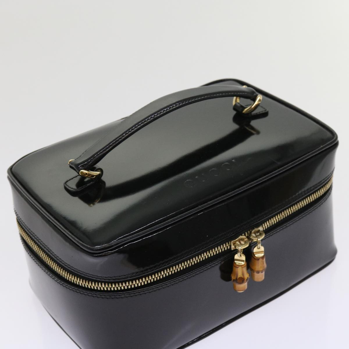 GUCCI Vanity Bamboo Cosmetic Pouch Patent leather Black 032 1705 0150 Auth 63625