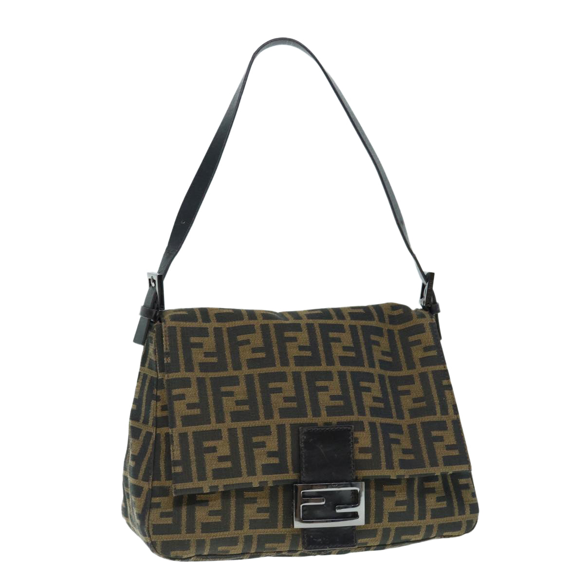 FENDI Zucca Canvas Mamma Baguette Shoulder Bag Black Brown Auth 63693