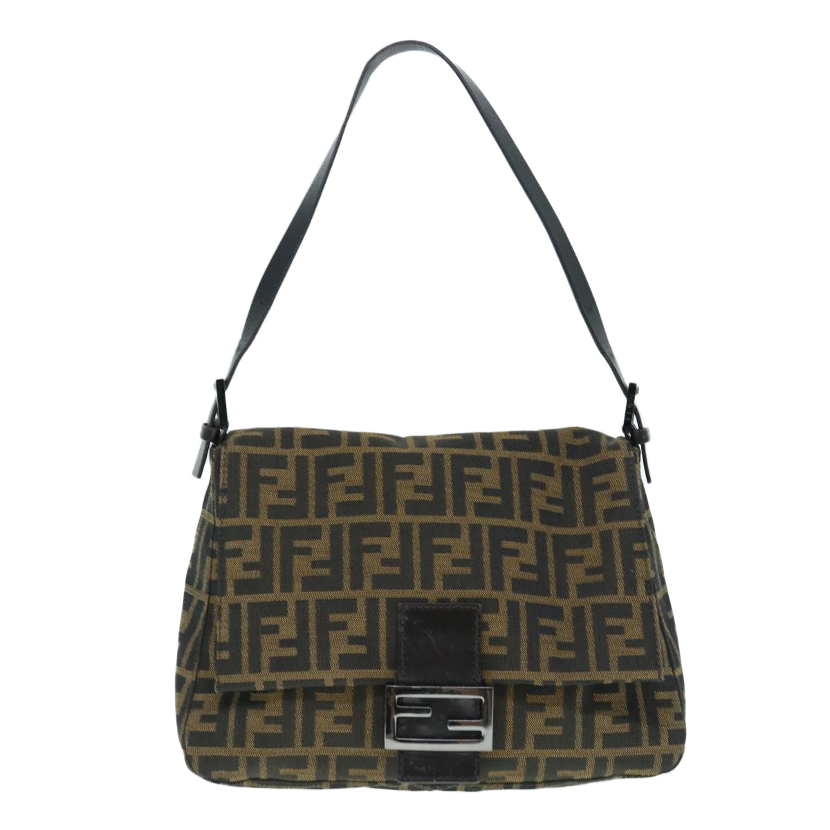 FENDI Zucca Canvas Mamma Baguette Shoulder Bag Black Brown Auth 63693