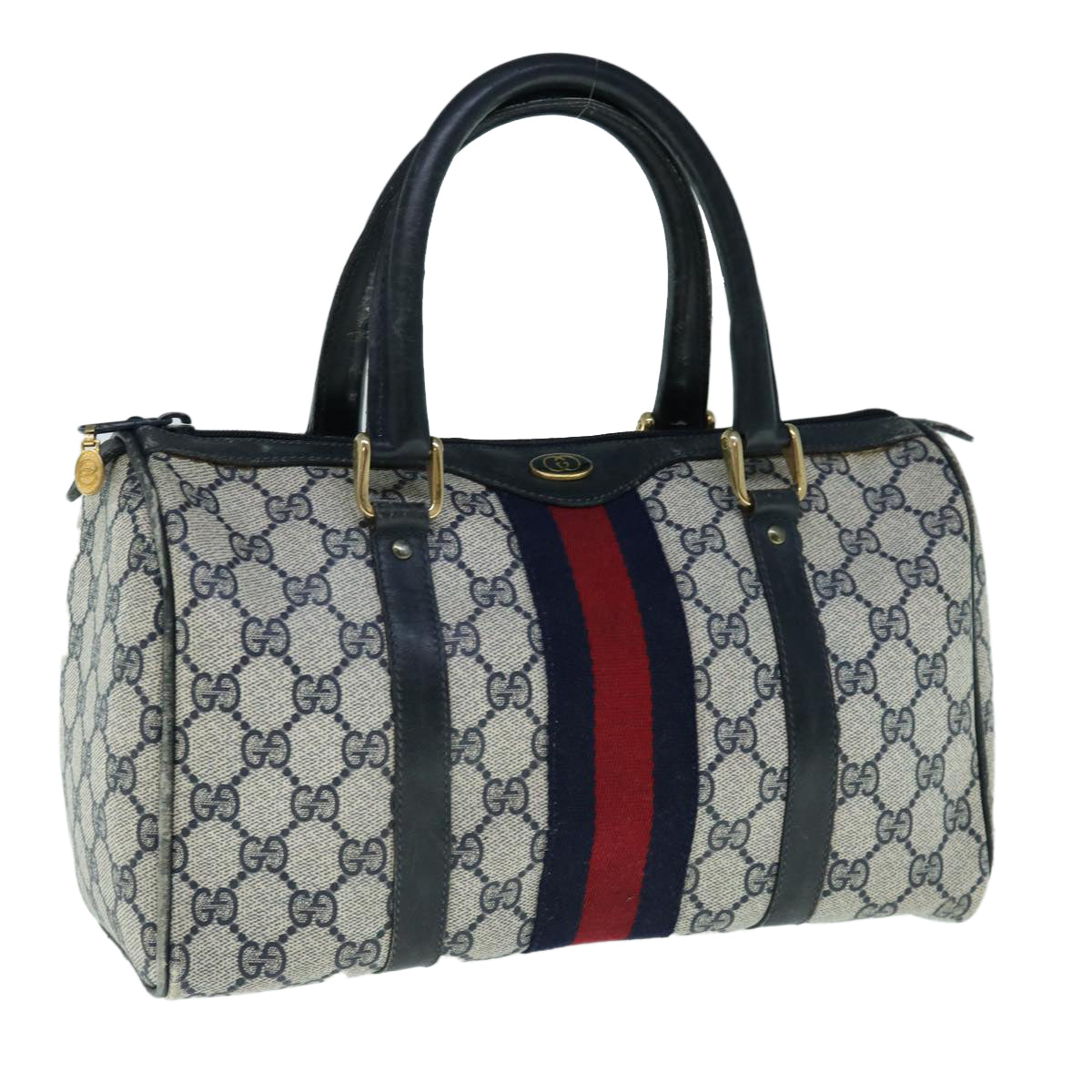 GUCCI GG Canvas Sherry Line Boston Bag PVC Navy Red Auth 63762