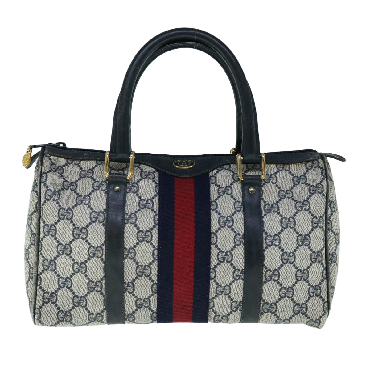 GUCCI GG Canvas Sherry Line Boston Bag PVC Navy Red Auth 63762