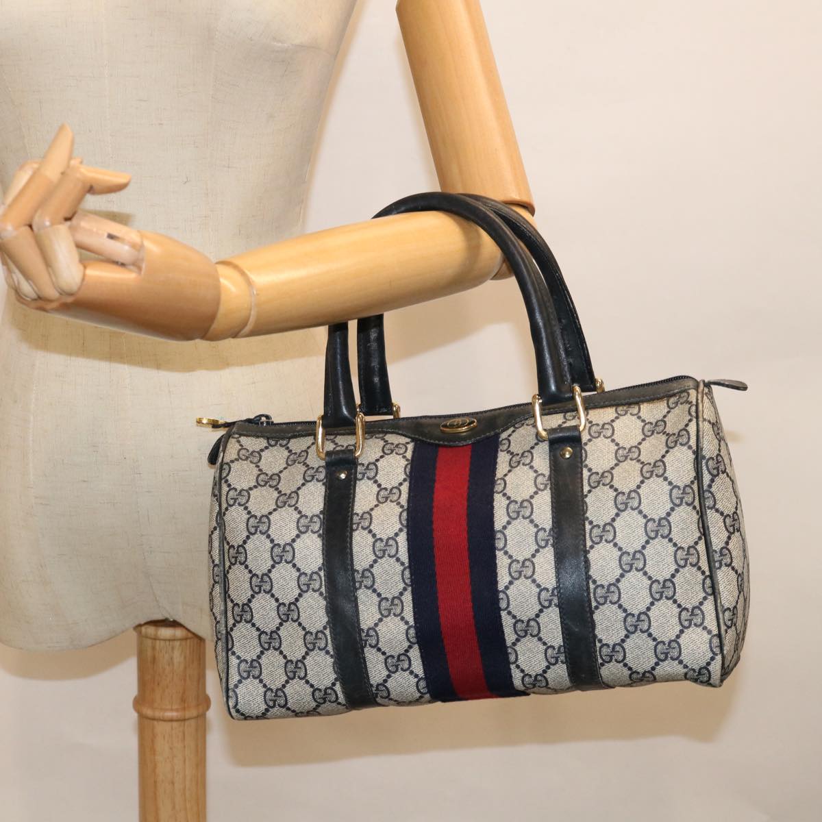 GUCCI GG Canvas Sherry Line Boston Bag PVC Navy Red Auth 63762