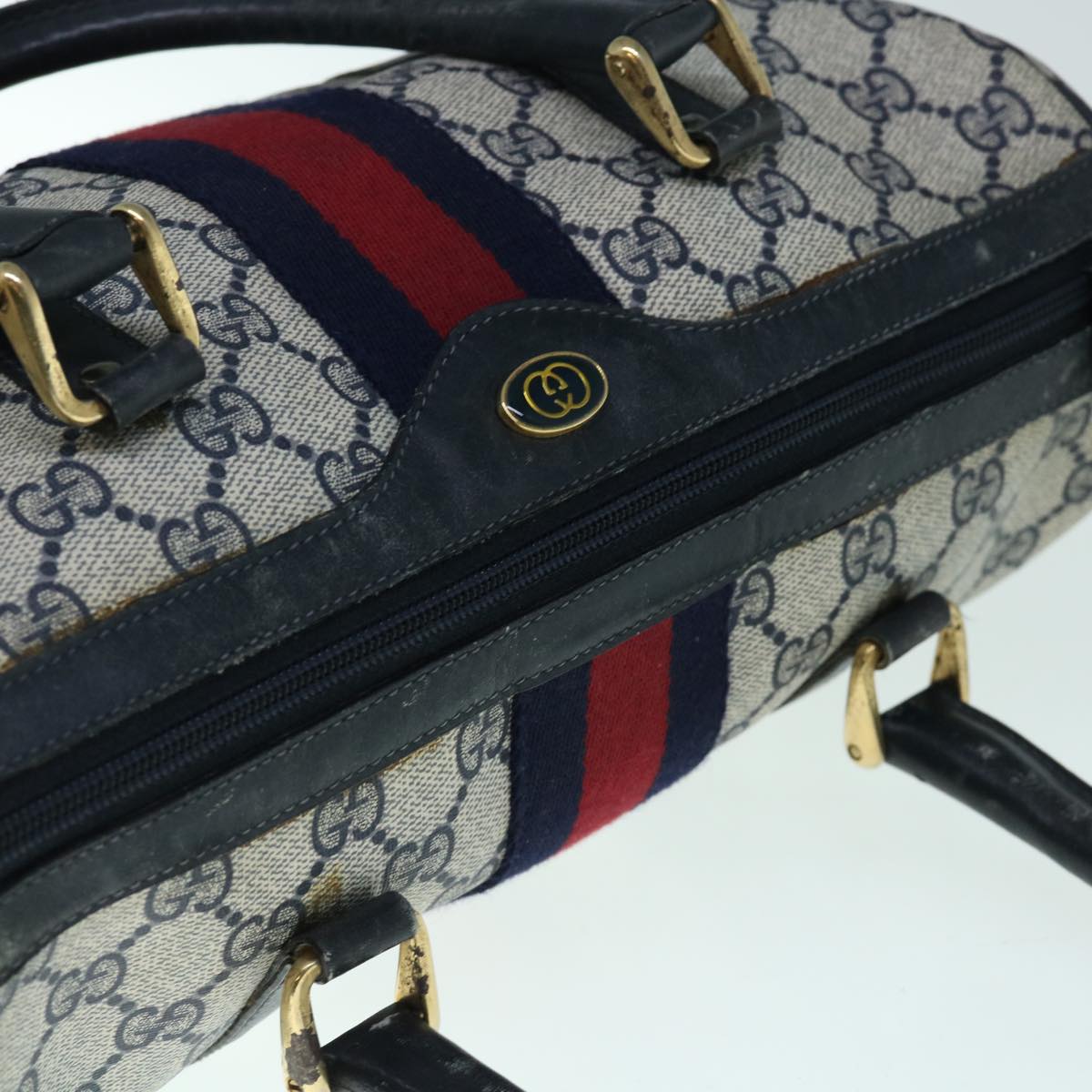 GUCCI GG Canvas Sherry Line Boston Bag PVC Navy Red Auth 63762