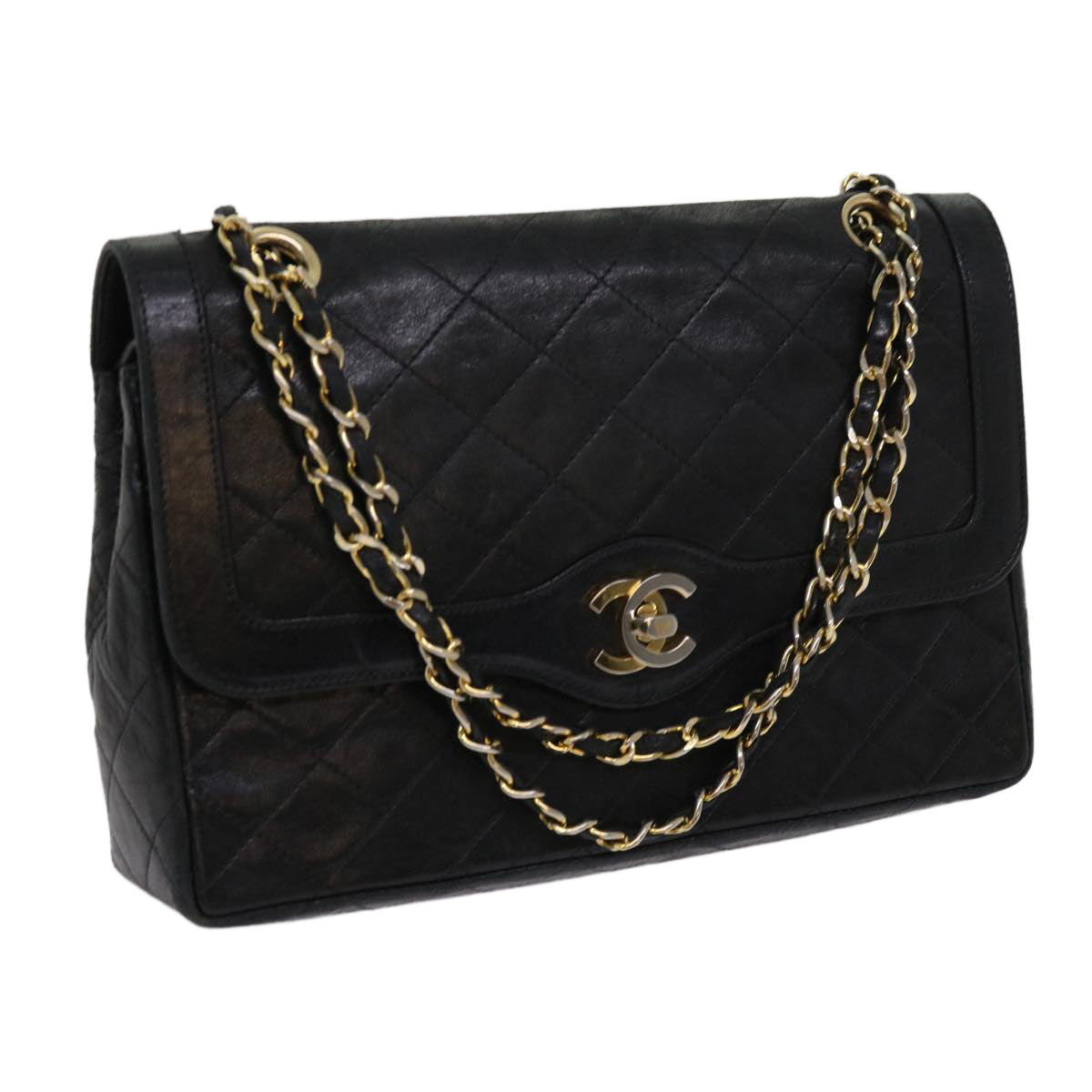 CHANEL Matelasse Turn Lock Chain Bag Lamb Skin Paris Only Black CC Auth 63771