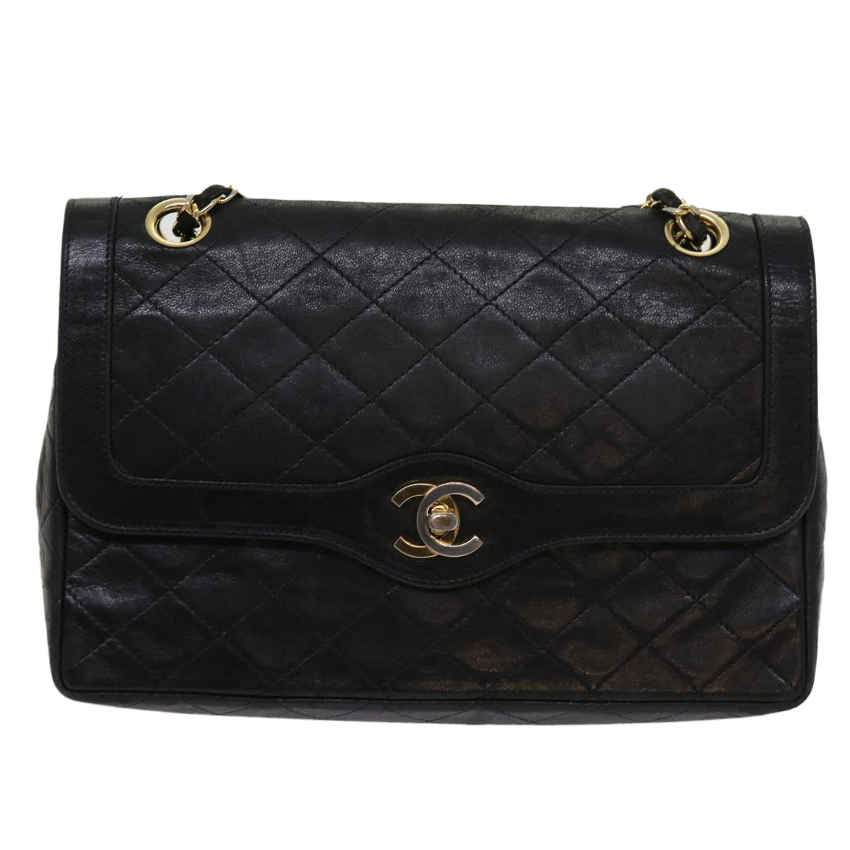 CHANEL Matelasse Turn Lock Chain Bag Lamb Skin Paris Only Black CC Auth 63771