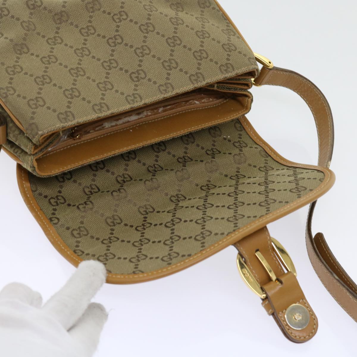 GUCCI GG Canvas Shoulder Bag Khaki 007 2854 0246 Auth 63803