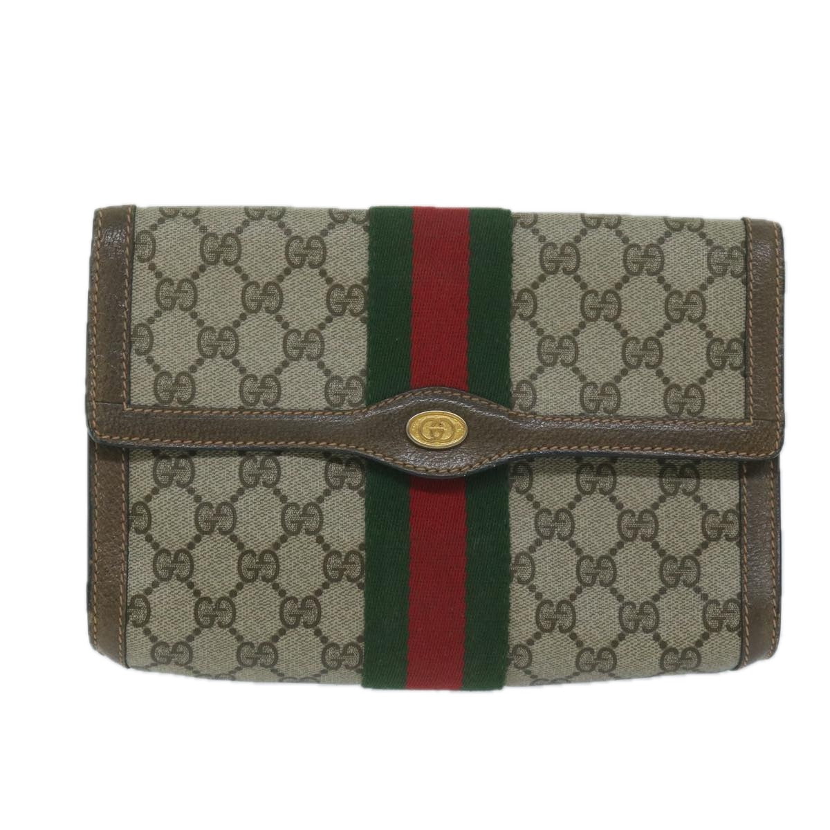 GUCCI GG Supreme Web Sherry Line Clutch Bag Beige Red Green 89 01 006 Auth 64125