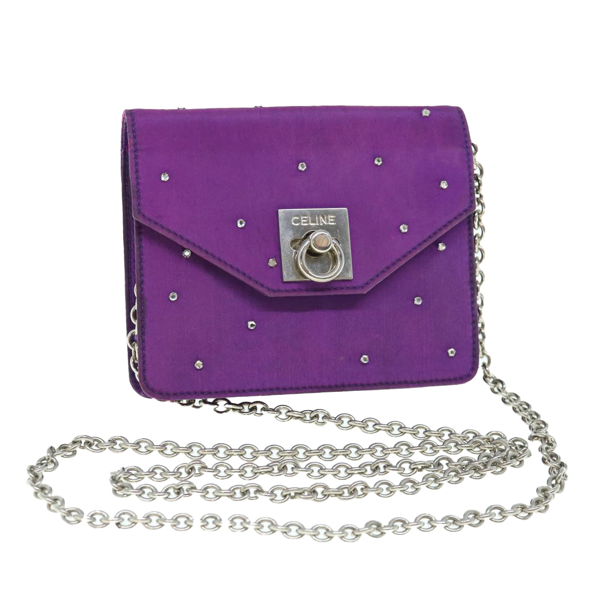 CELINE Chain Pouch Satin Purple Auth 64134