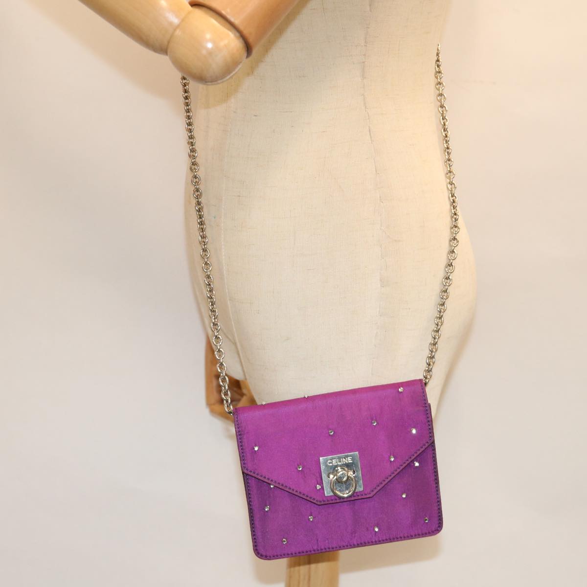 CELINE Chain Pouch Satin Purple Auth 64134
