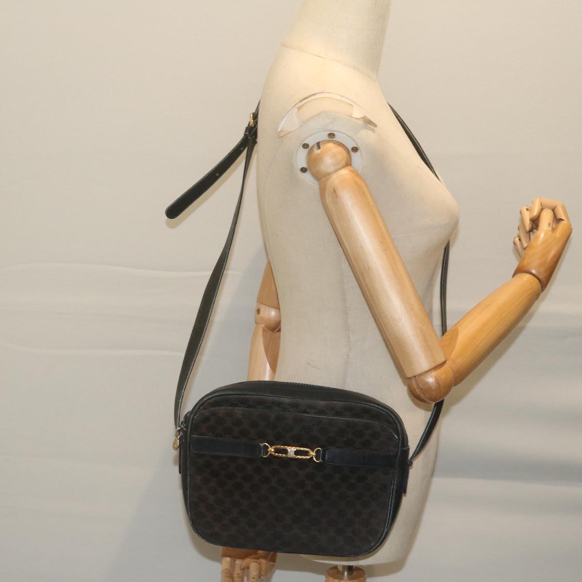 CELINE Macadam Canvas Shoulder Bag Black Brown Auth 64224