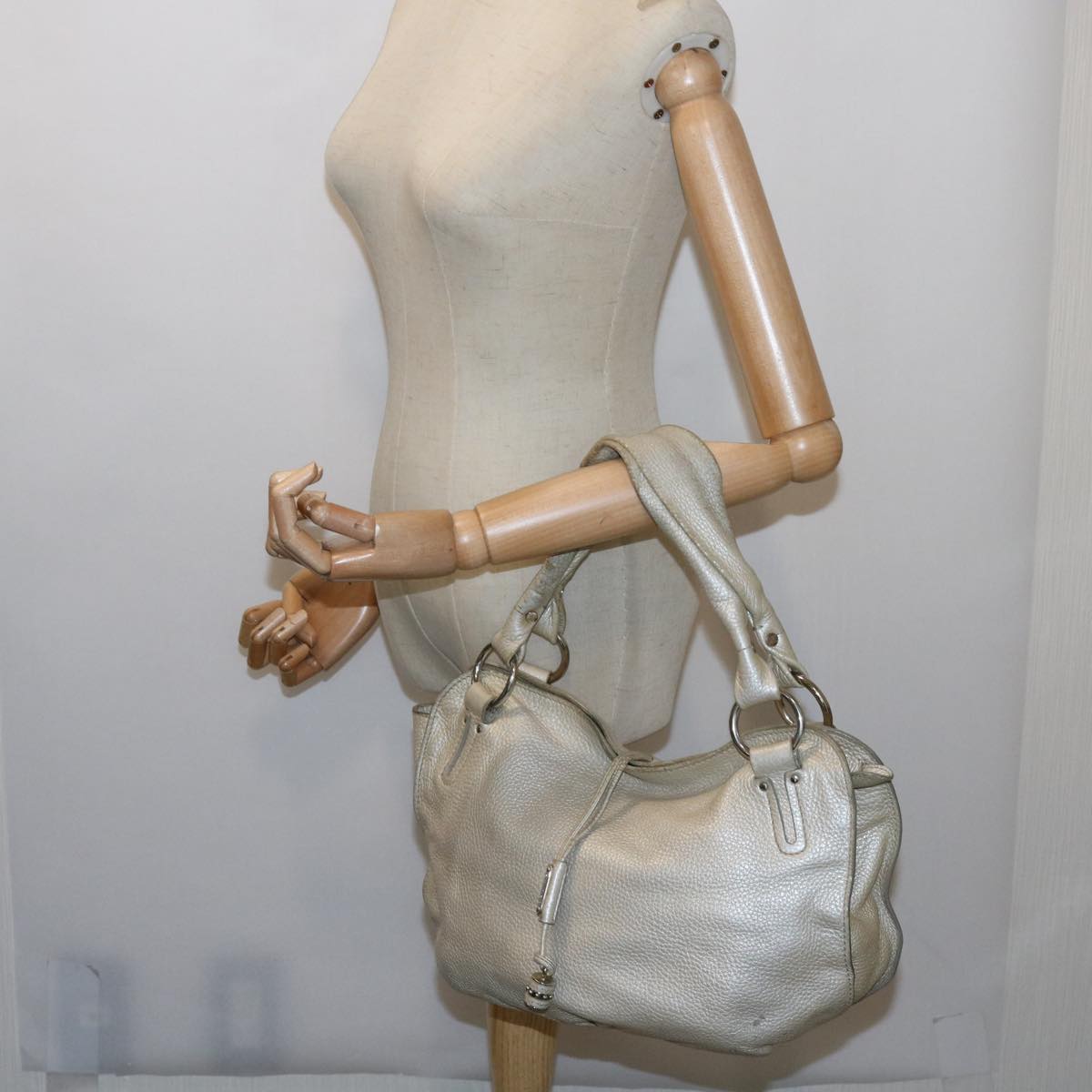 CELINE Tote Bag Leather Beige Auth 64278