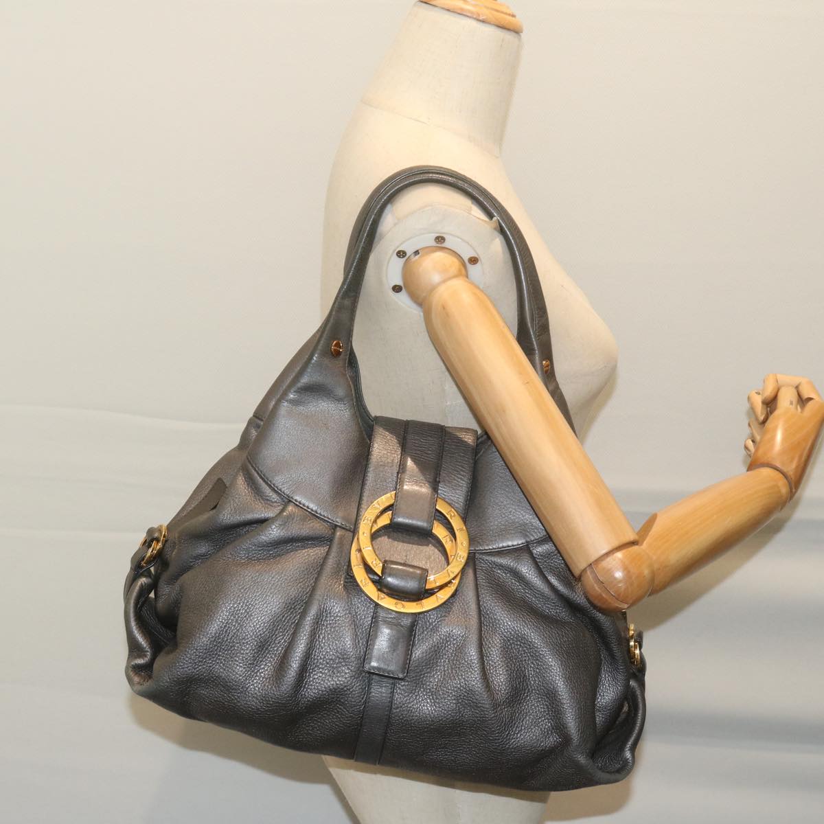 BVLGARI Chandra Hand Bag Leather Gray Auth 64348