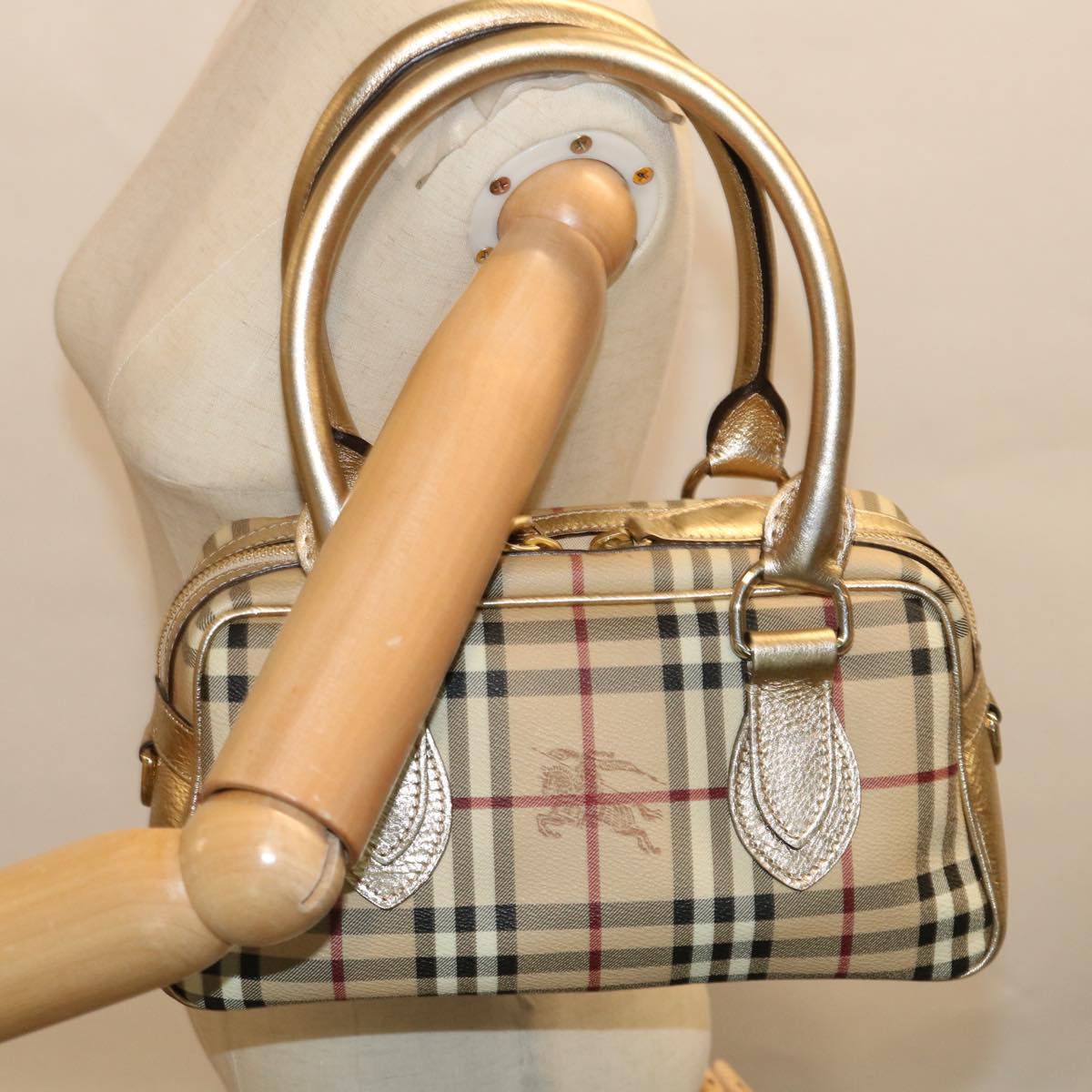 BURBERRY Nova Check Hand Bag PVC Leather Beige Auth 64593