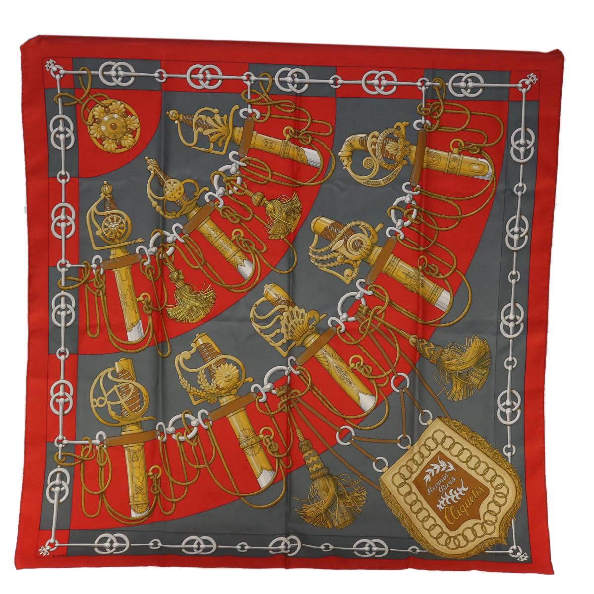 HERMES Carre 90 Cliquetis Scarf Silk Red Auth 64620