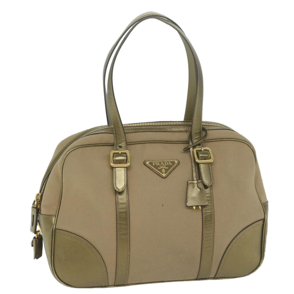 PRADA Hand Bag Canvas Beige Gold Auth 64749