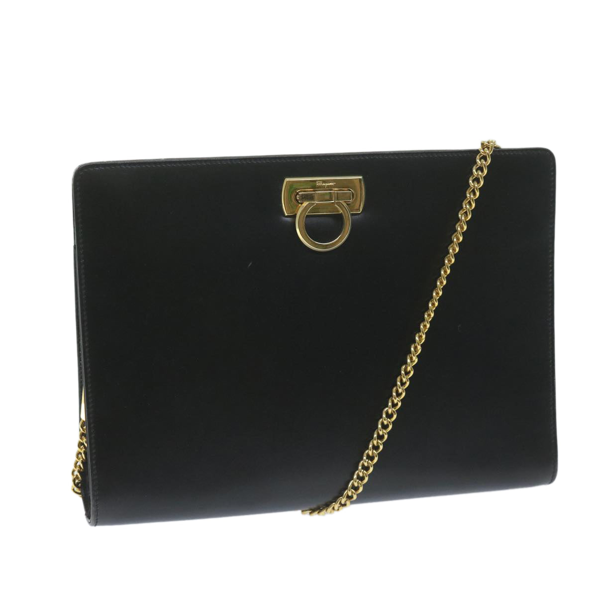 Salvatore Ferragamo Gancini Chain Shoulder Bag Leather Black Auth 64802