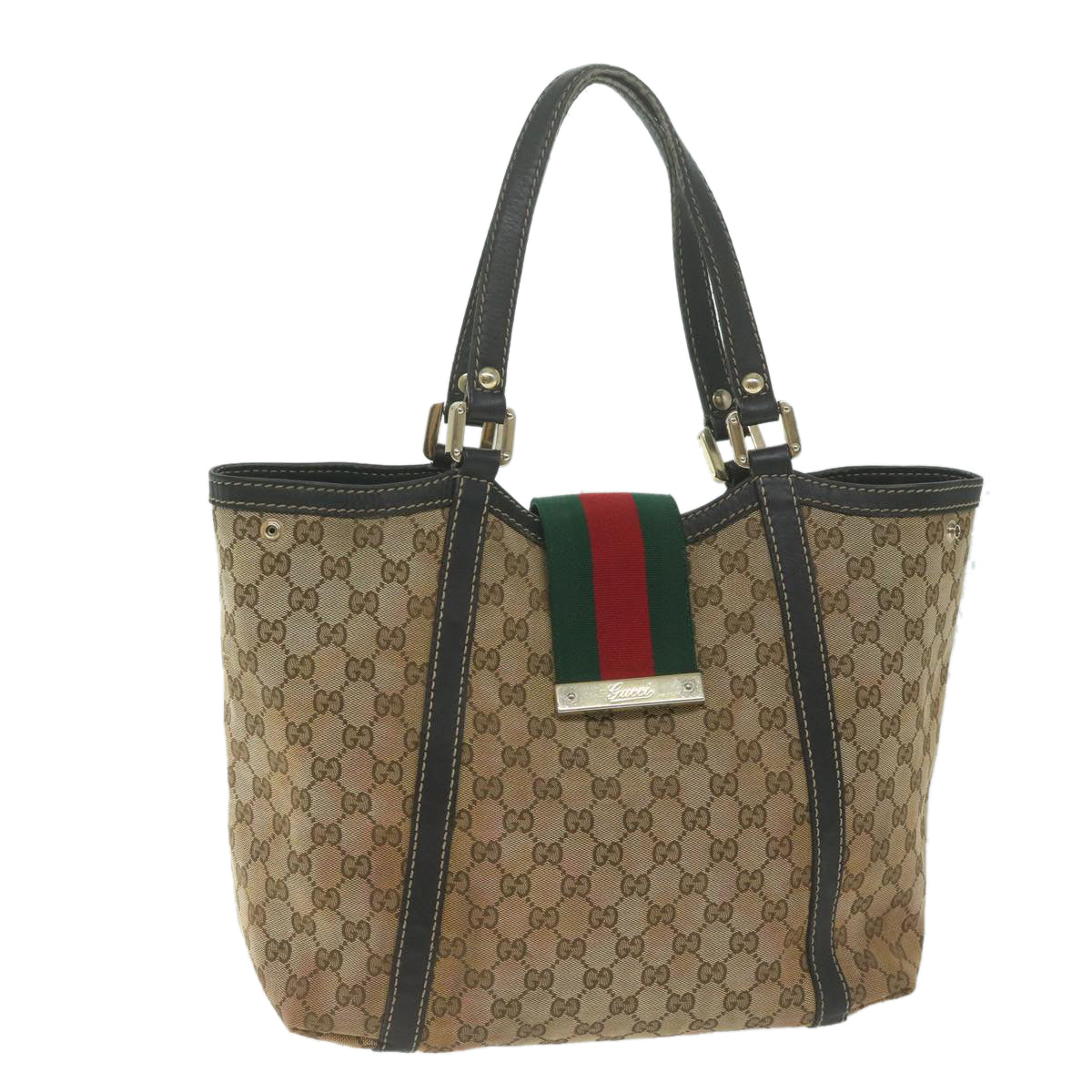 GUCCI GG Canvas Web Sherry Line Tote Bag Beige Auth 64874