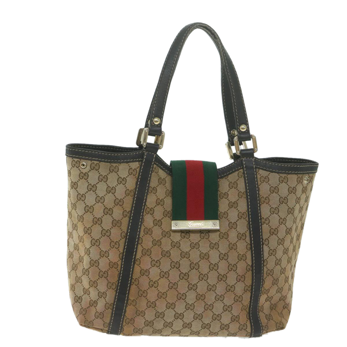 GUCCI GG Canvas Web Sherry Line Tote Bag Beige Auth 64874